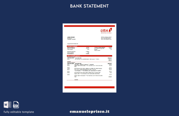 modello word di estratto conto bancario Guinea UBA in stile verificato